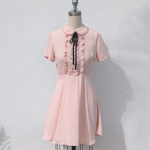 Forever 21 Pink Short Sleeve Ruffle Mini Dress w/ Black Tie Sz Small Coquette 💝